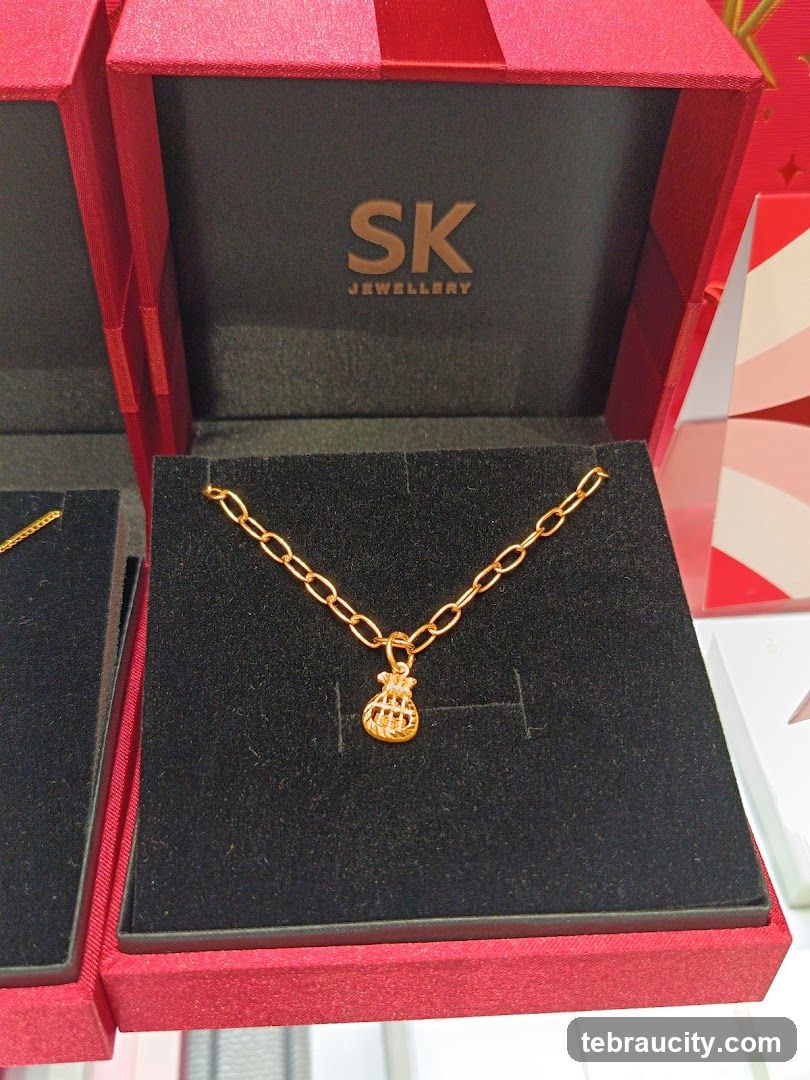 Gold necklace with money bag charm