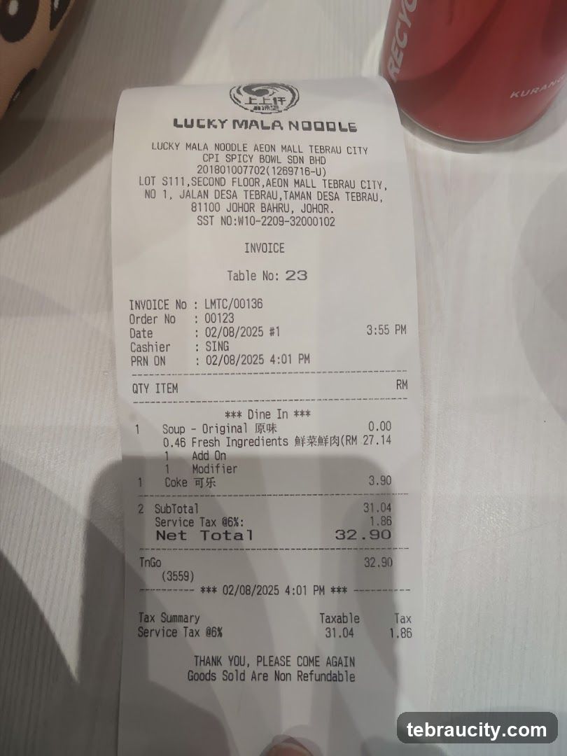 Lucky Mala Noodle Receipt