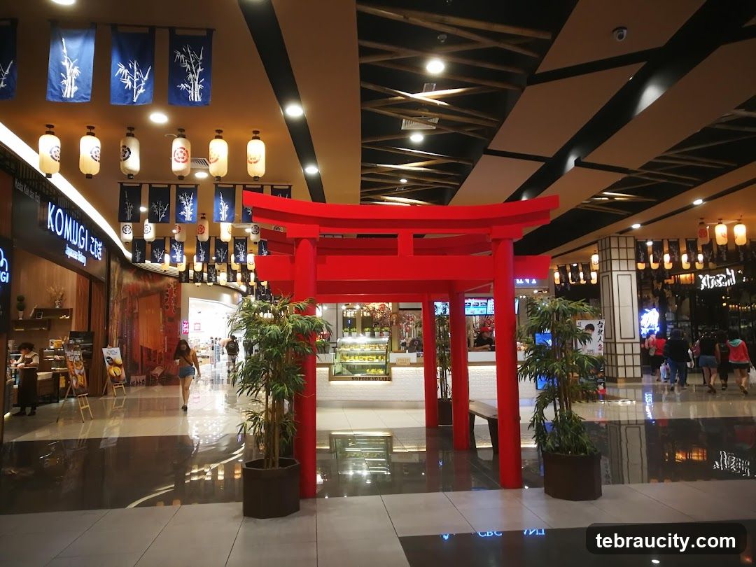 Japanese-themed mall interior with torii gate