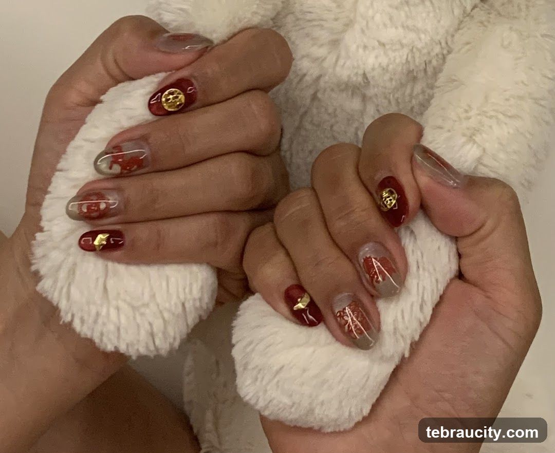 Nails with Red and Gold Design