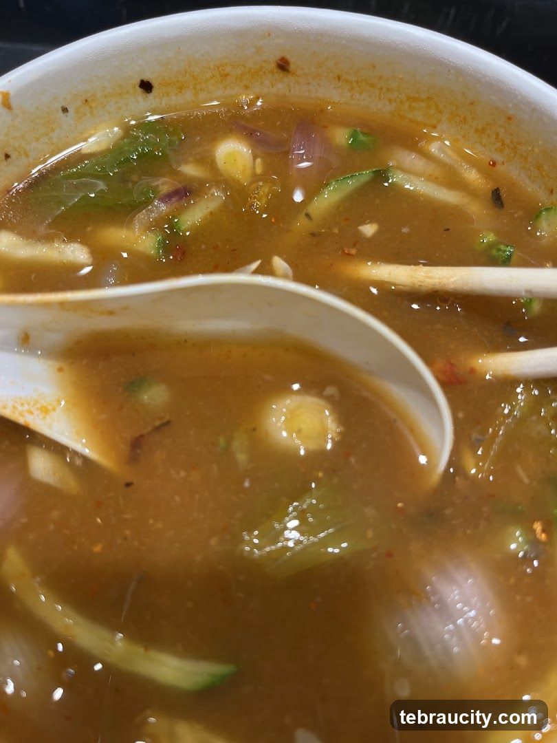 Close-up of a bowl of soup with noodles and vegetables.