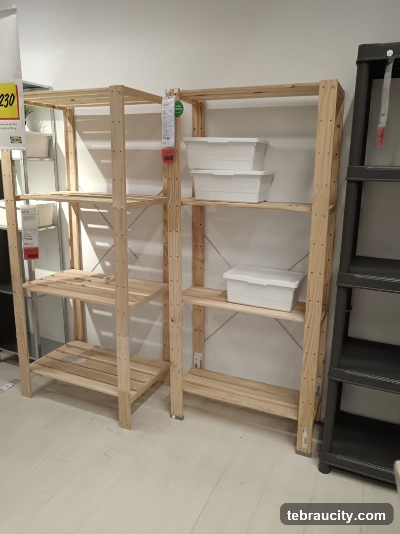 Wooden Shelving Units with Storage Bins