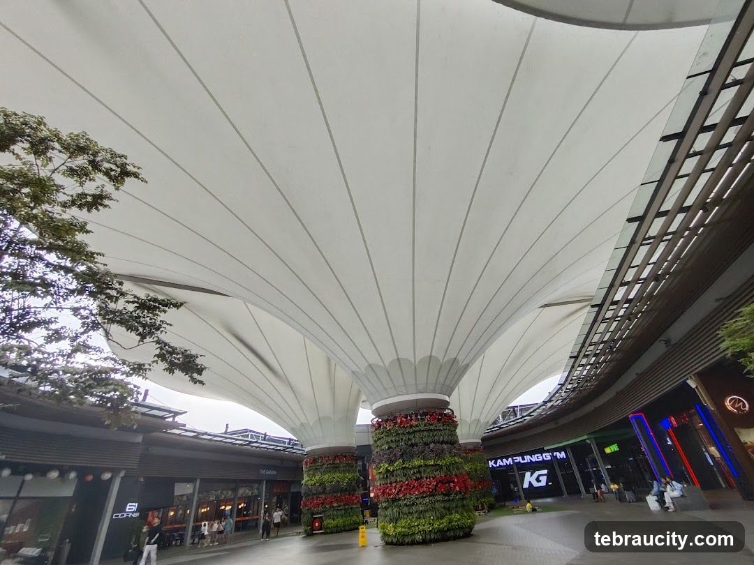 Outdoor shopping area with modern architecture