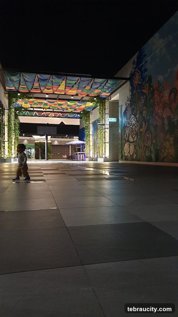 Outdoor walkway with mural and colorful canopy