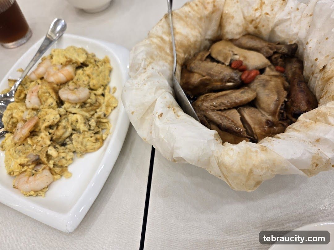 Scrambled Eggs with Shrimp and Baked Chicken