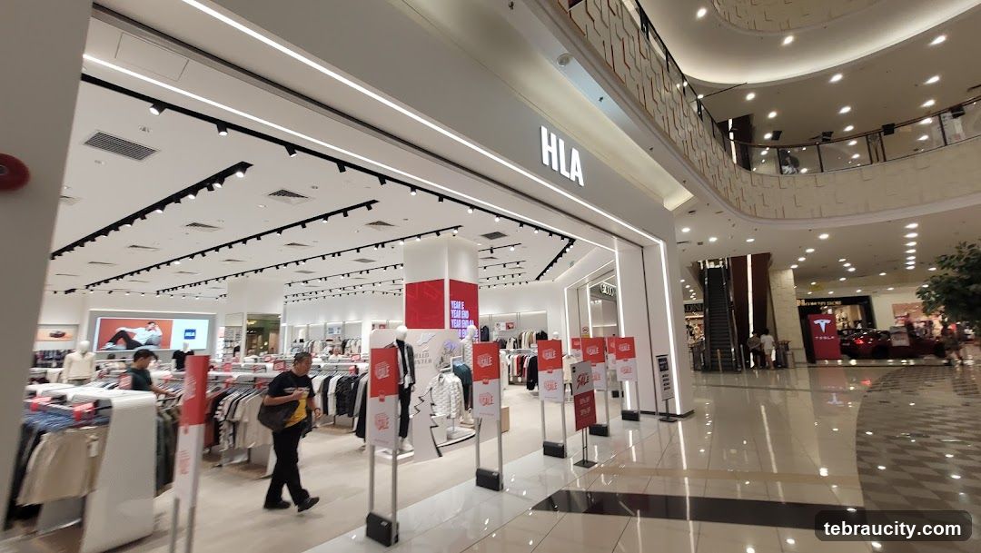 Clothing store interior with sale signs