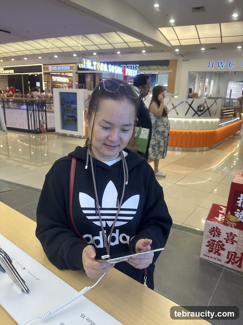 Woman looking at a tablet in a mall