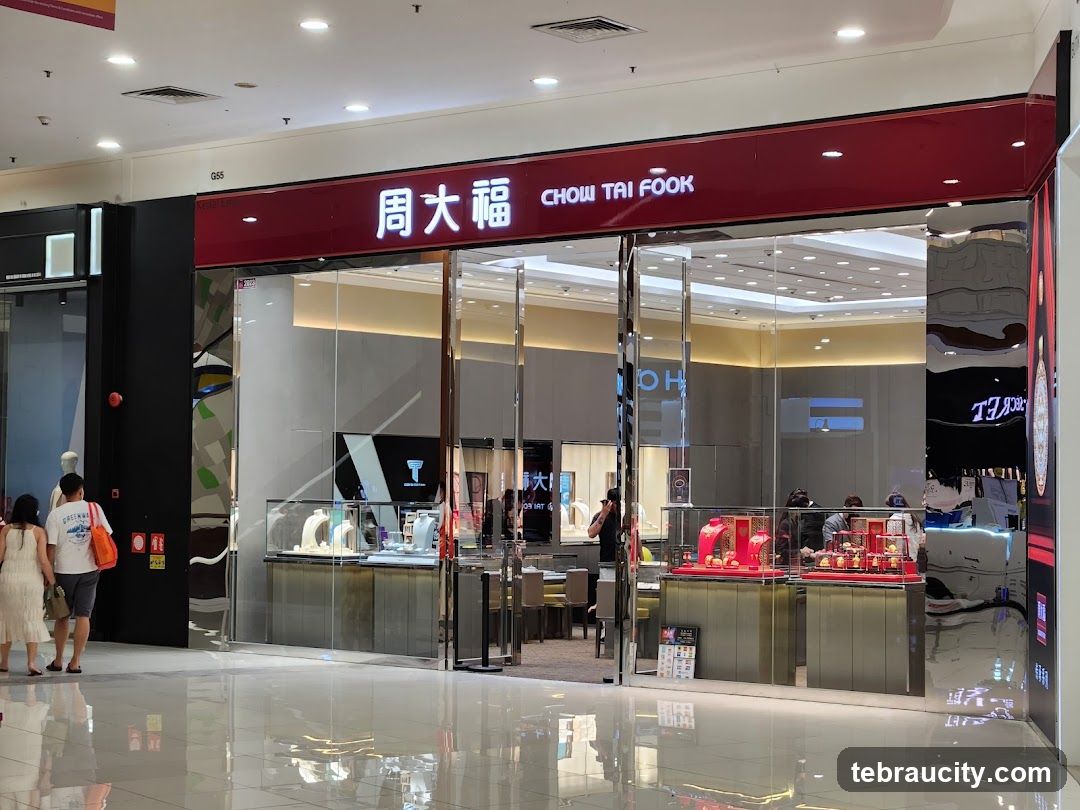 The exterior of a Chow Tai Fook jewelry store, with its prominent red signage featuring Chinese characters and the English name. The storefront has large glass windows displaying jewelry in illuminated cases. Two people are walking past the entrance.