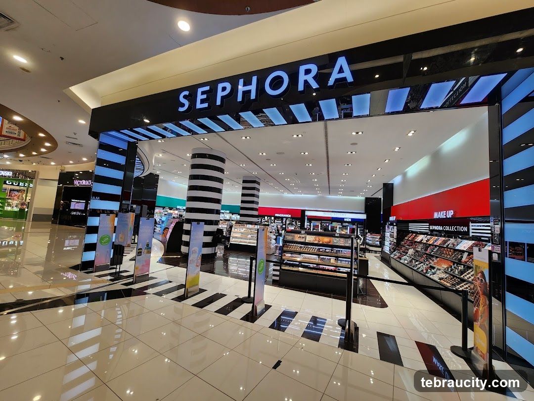 The exterior of a Sephora store in a mall. The store has a prominent "SEPHORA" sign above the entrance. Inside, displays of makeup and beauty products are visible. The floor is tiled and reflective, and other stores can be seen in the background.