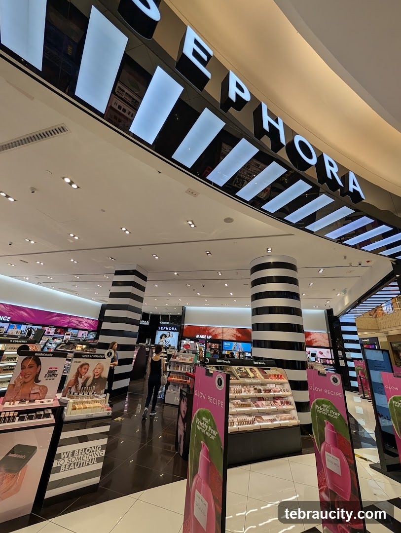 The image shows the interior of a Sephora store. The prominent "SEPHORA" logo is visible above the entrance. The store is well-lit and stocked with various beauty products displayed on shelves and stands. Promotional posters for "Glow Recipe" are also visible.