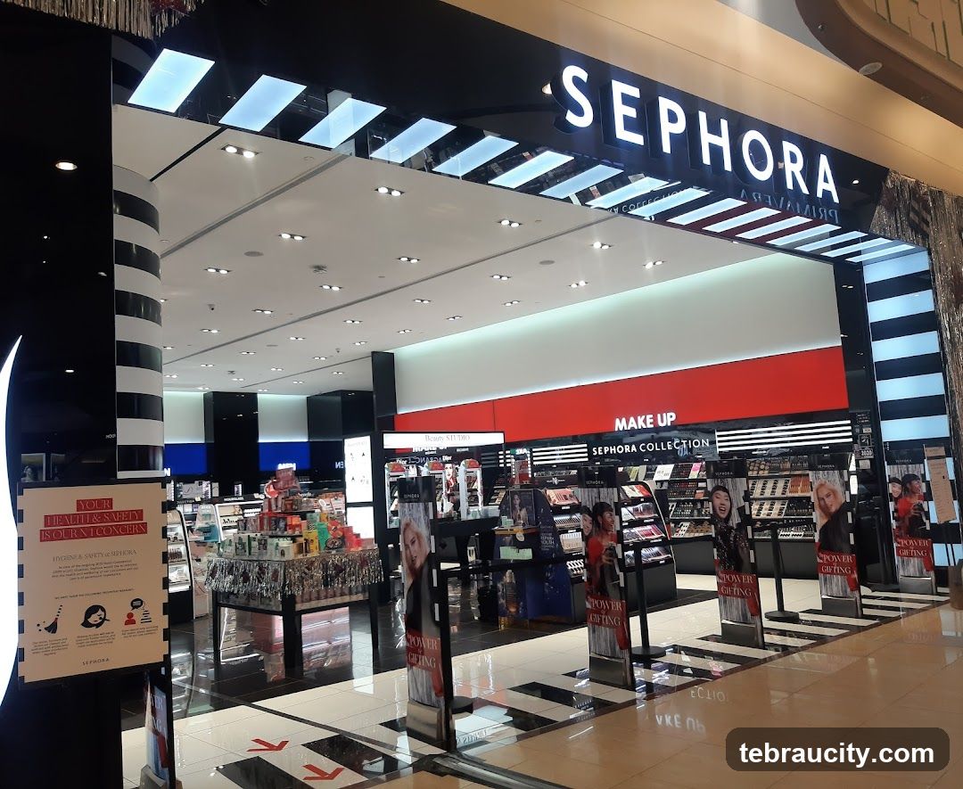 The exterior of a Sephora store with its prominent signage. Inside, displays of makeup and beauty products are visible, along with promotional posters. A sign about health and safety is placed near the entrance.
