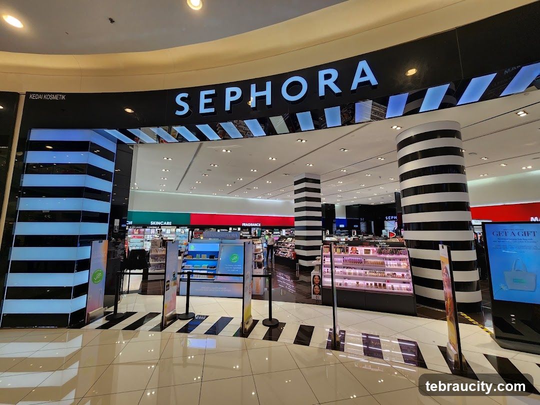 The exterior of a Sephora store with its prominent black and white striped pillars and the Sephora logo above the entrance. Inside, displays of skincare and fragrance products are visible.