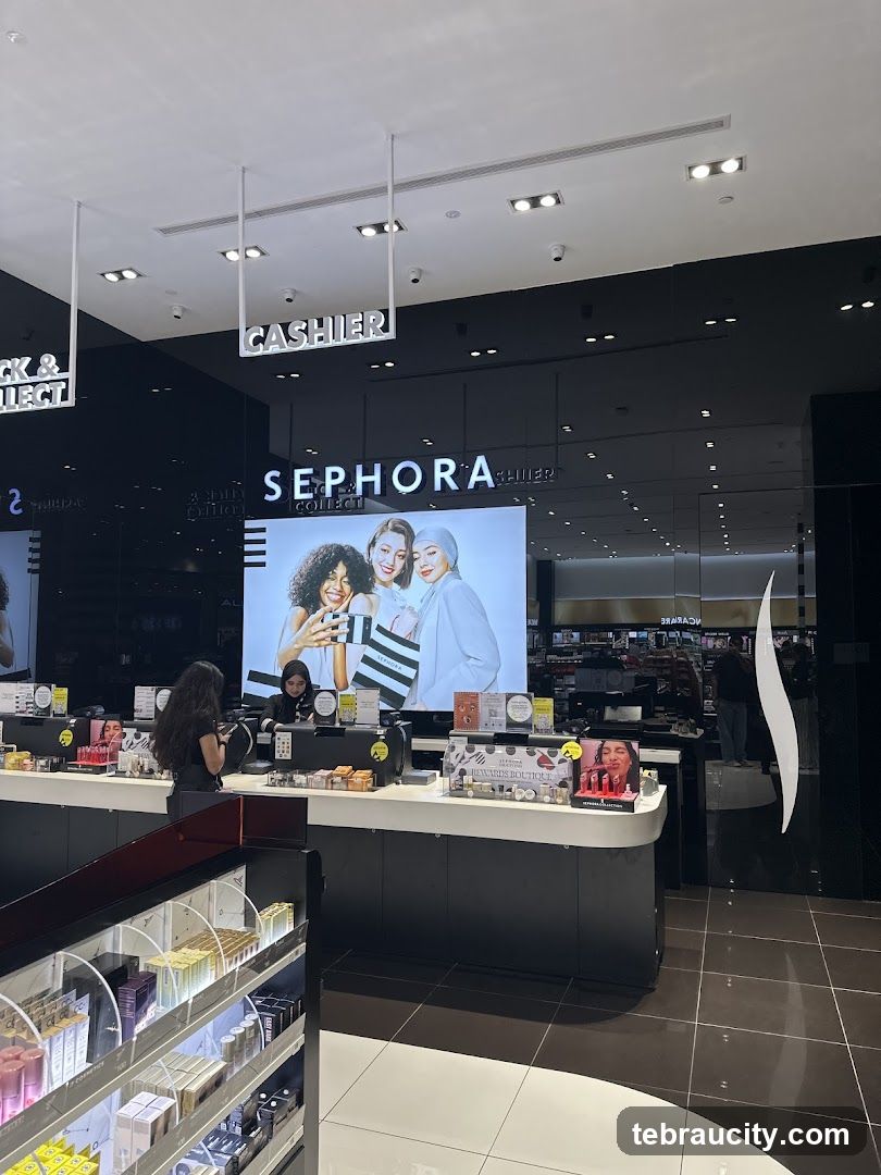 A view of the cashier area inside a Sephora store. The Sephora logo is visible above the counter, along with a large screen displaying three women holding Sephora shopping bags. Signs for "CASHIER" and "PICK & COLLECT" are also visible. Shelves stocked with cosmetics are in the foreground.