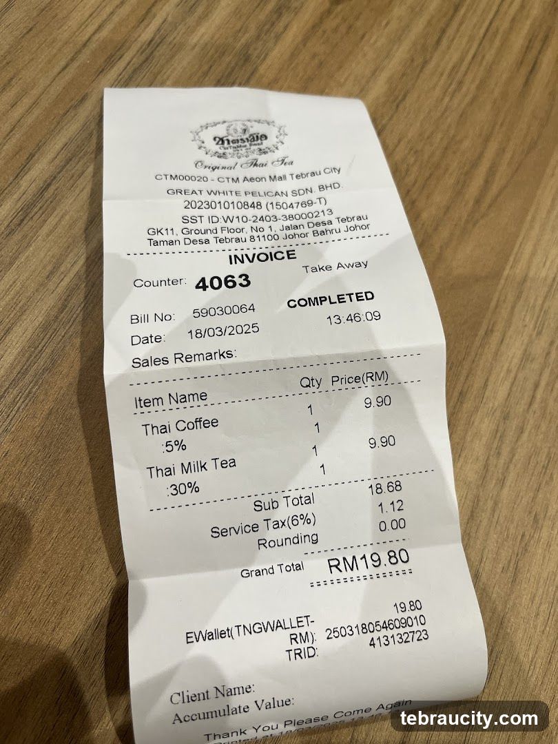 Original Thai Tea Receipt