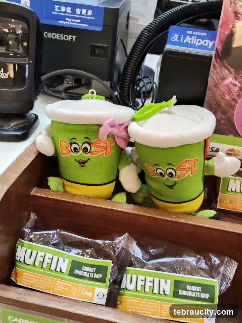 Plush toys and muffins at a counter