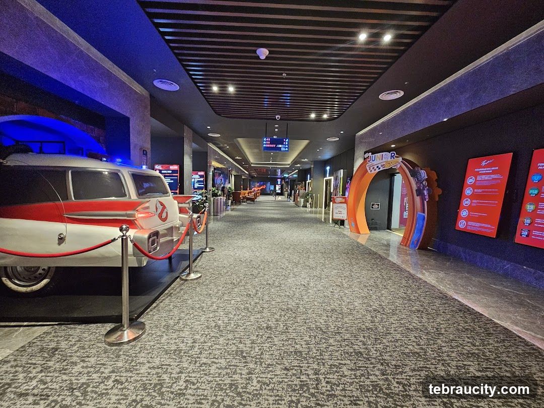Indoor hallway with movie-themed decorations