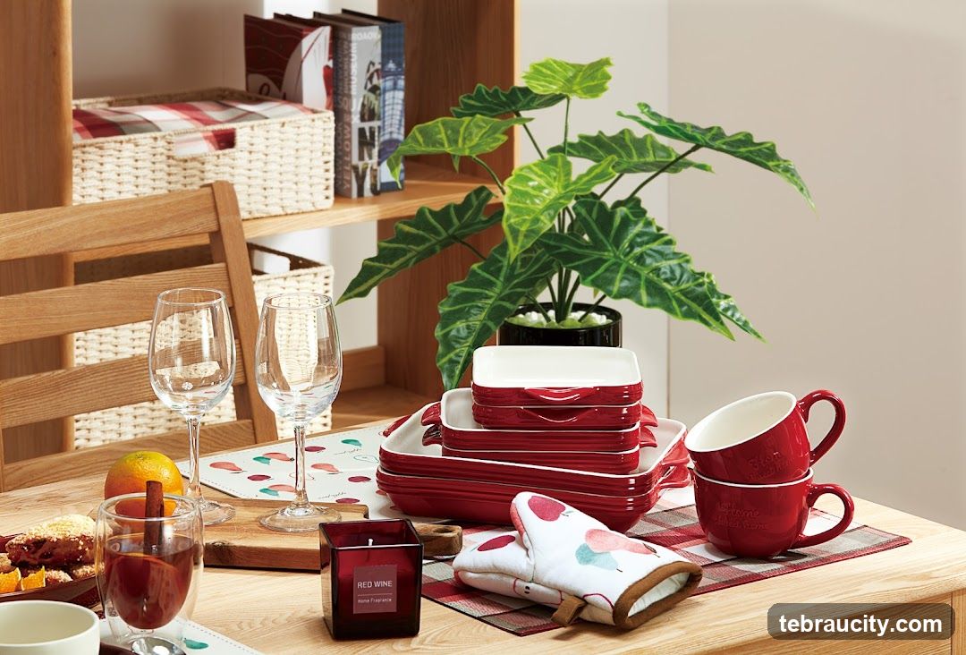 Table Setting with Red Cookware and Drink