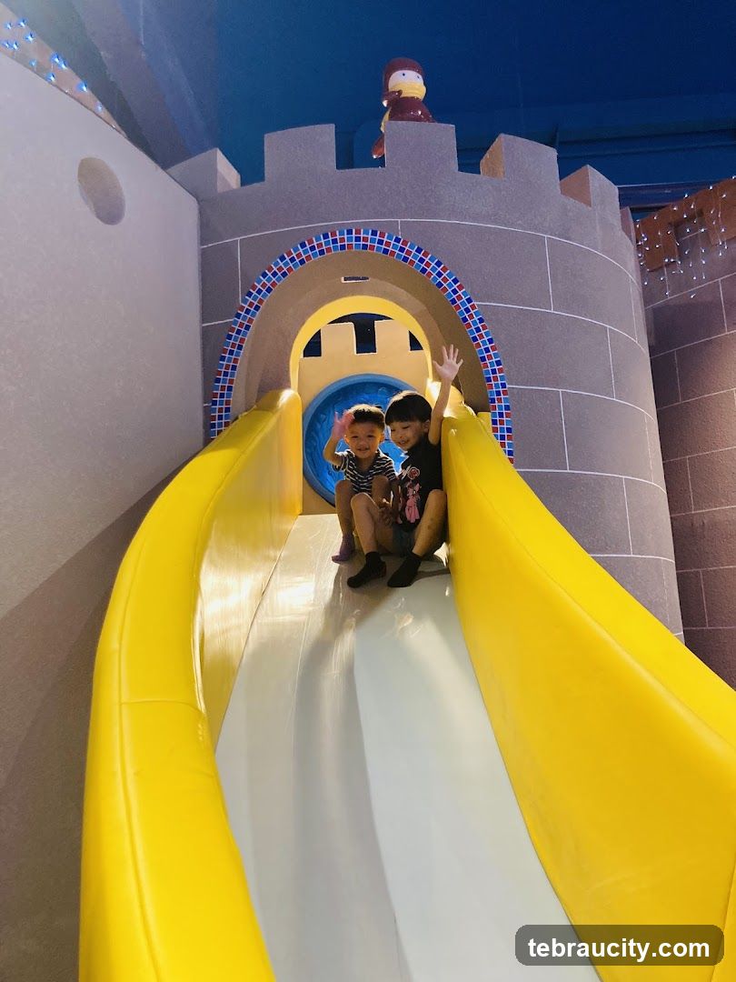 Children on a castle-themed slide