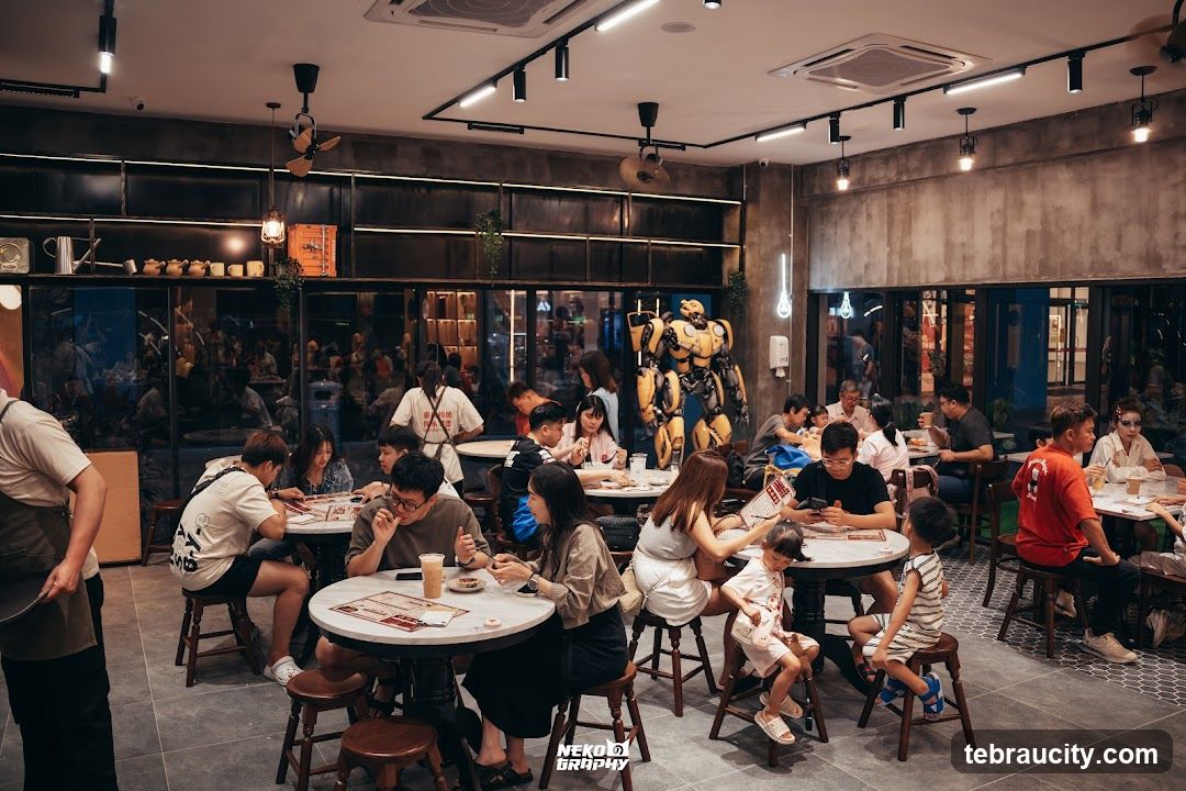 Restaurant Interior with Patrons and Robot Decor