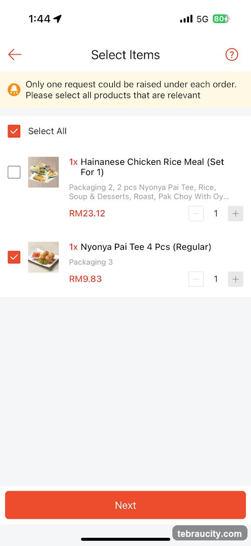 Order Selection Screen