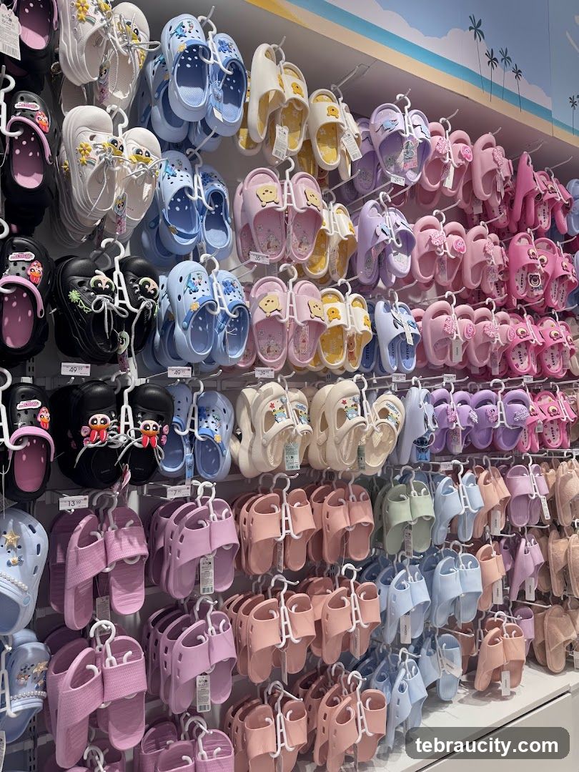 Display of colorful sandals and slides