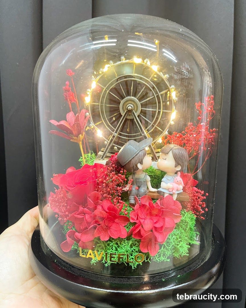 Preserved Flower Dome with Ferris Wheel and Couple Figurines