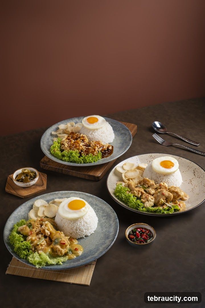 Three plates of rice with fried chicken and egg