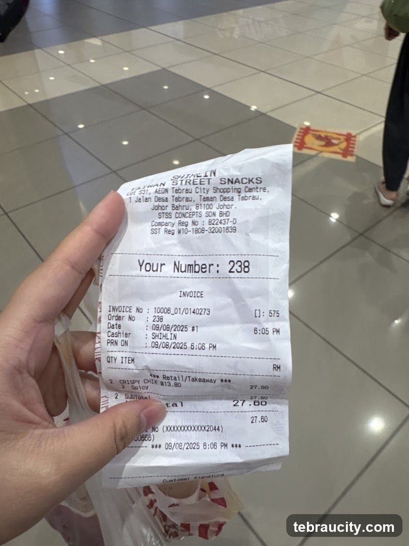 Receipt from Shihlin Taiwan Street Snacks