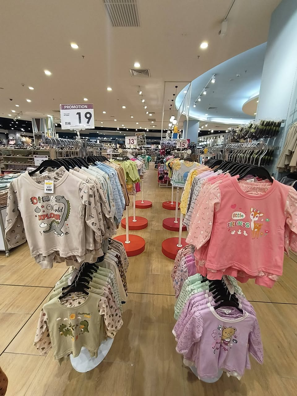 Dino World Explorer and Little Friends themed baby clothing priced at RM5, RM13, and RM19