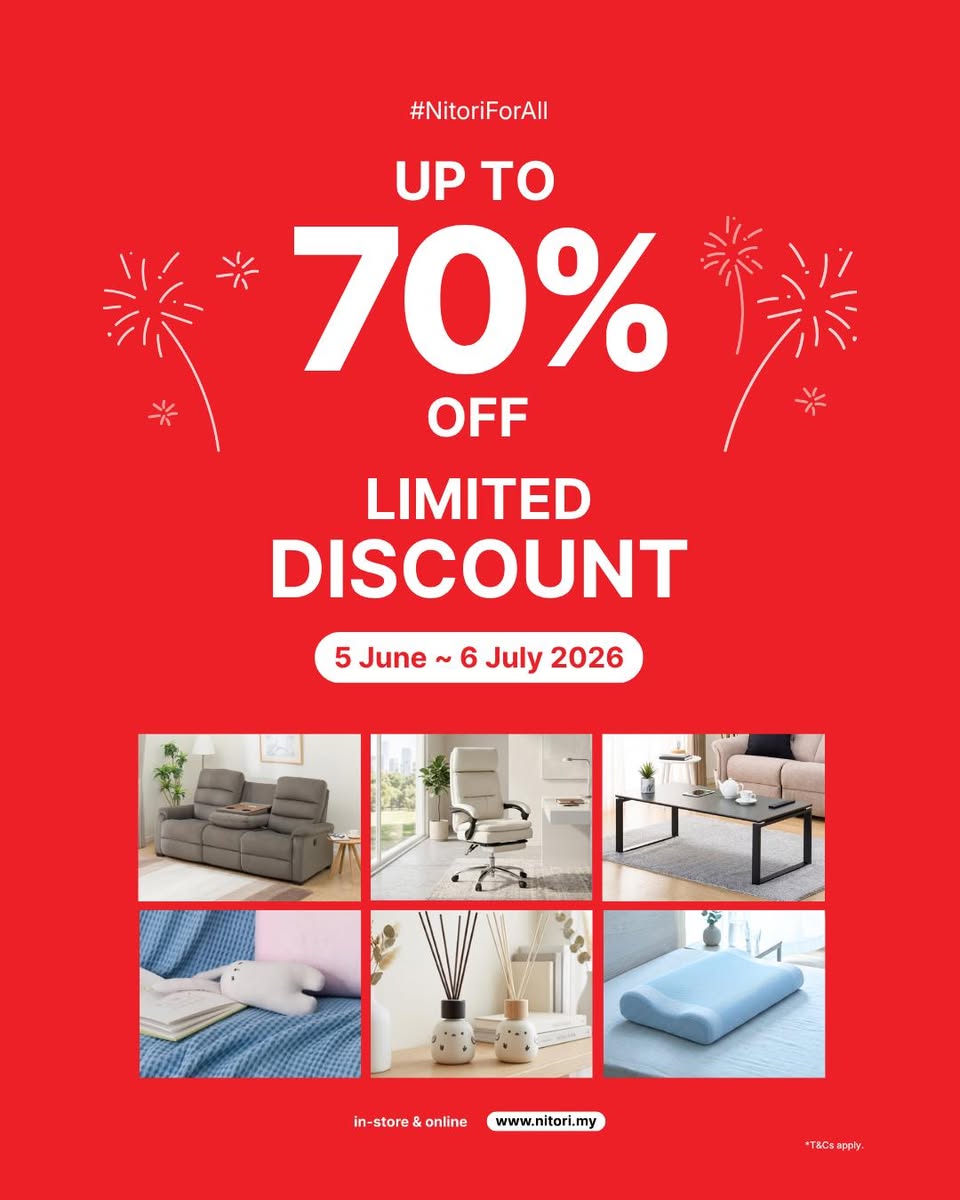 Nitori up to 70% off sale from 5 June to 6 July 2026 on sofas, chairs, beds, and home accessories
