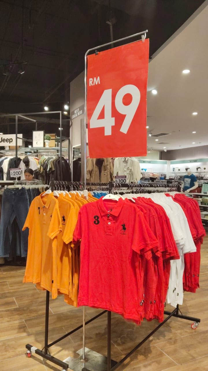 Polo-style ponchos at RM49 and jeans at the men's clearance sale