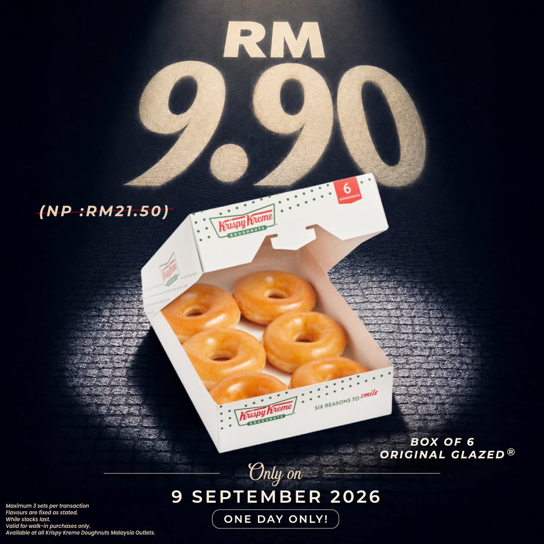 Krispy Kreme 9.9 Sale: 6 Original Glazed Doughnuts for RM9.90 on 9 September