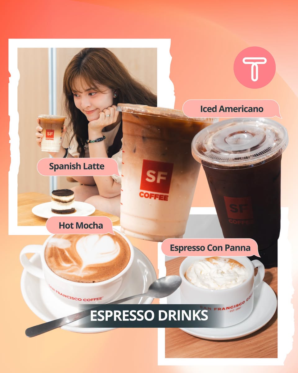 SF Coffee Iced Americano, Spanish Latte, Hot Mocha and Espresso Con Panna