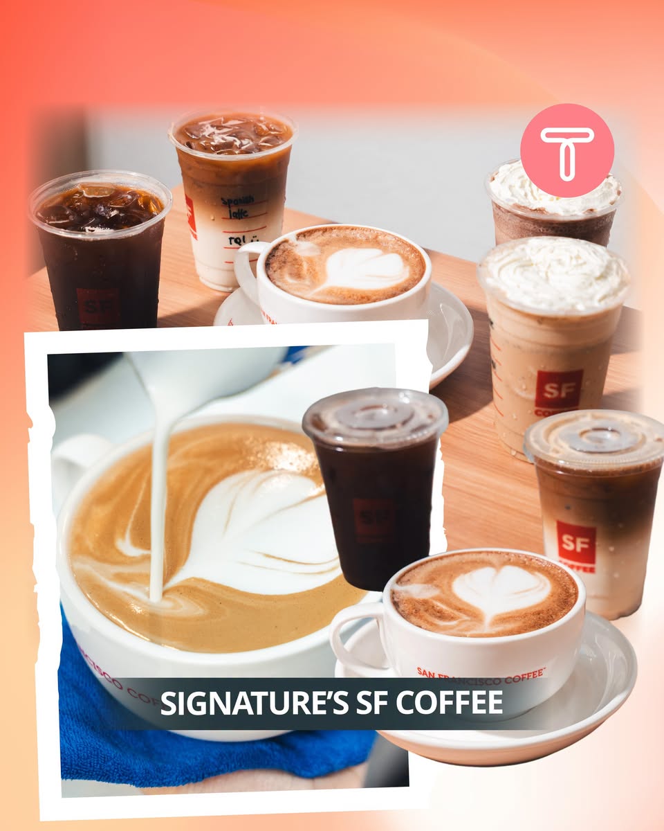 SF Coffee branded cups and drinks