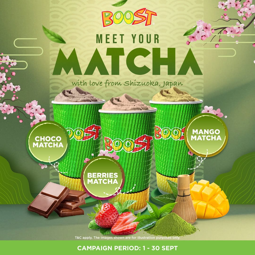 Three vibrant matcha smoothies in different flavors