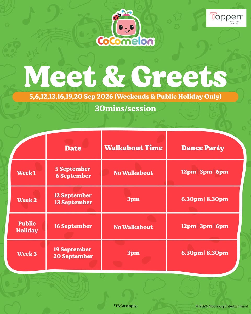 CoComelon Meet and Greet and Dance Party schedule at Toppen