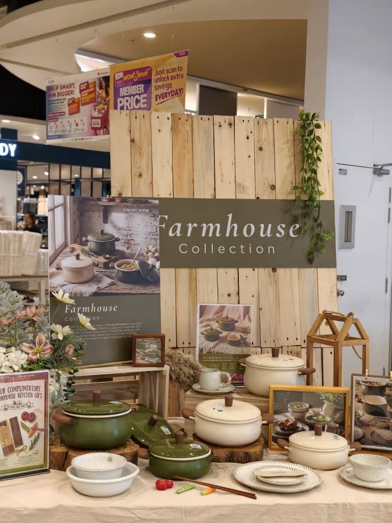 Farmhouse Collection display with green enameled cast iron Dutch ovens