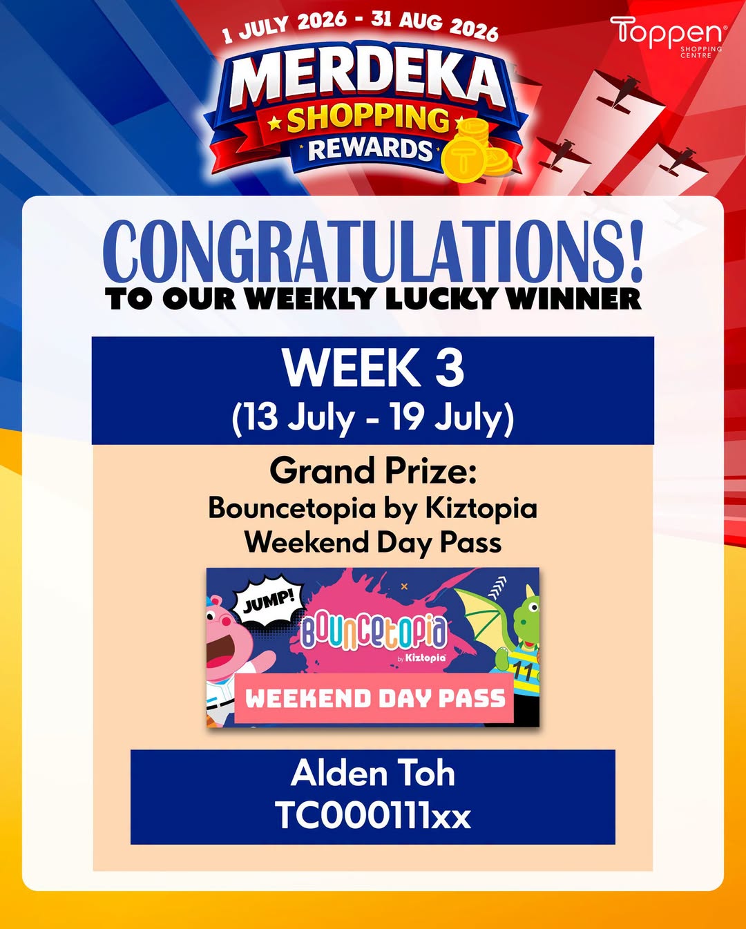 Toppen Merdeka Shopping Rewards: Week 3 Winner Takes Home Bouncetopia Day Pass
