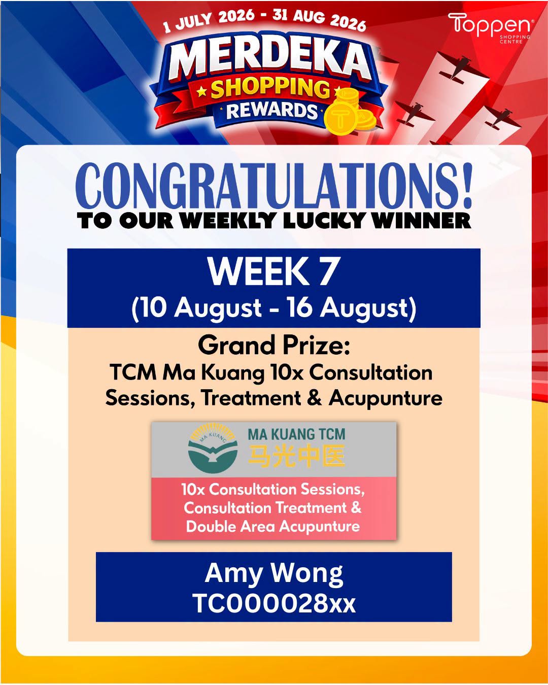 Amy Wong Wins Ma Kuang TCM Grand Prize at Toppen Merdeka Shopping Rewards