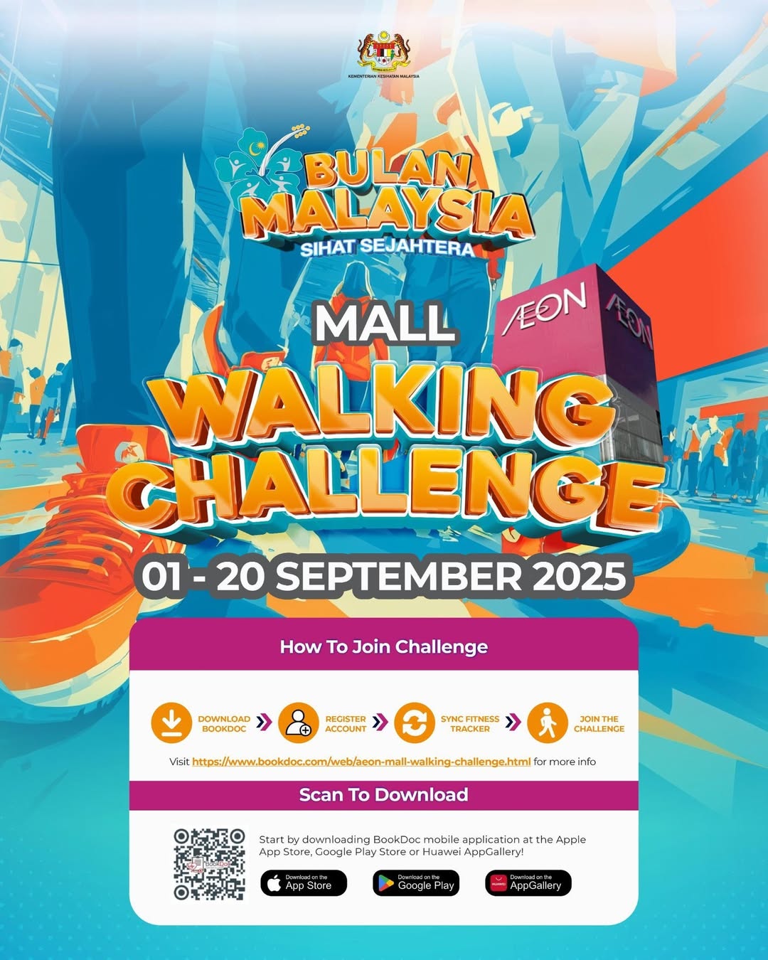 People walking briskly inside a brightly lit AEON Mall as part of a health challenge.