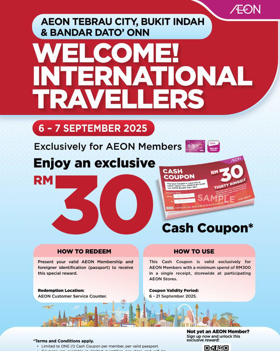 International travellers enjoying shopping at AEON Tebrau City, Bukit Indah, or Bandar Dato’ Onn.