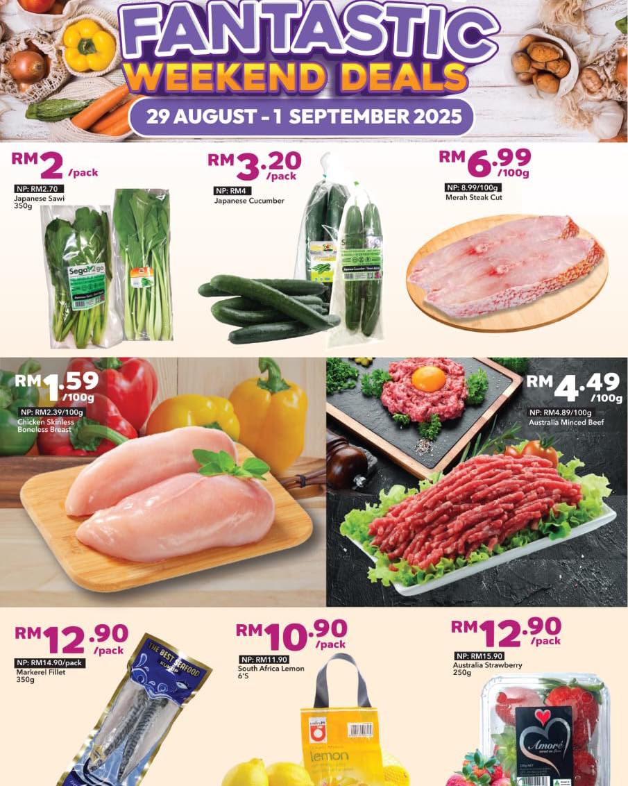 A vibrant display of fresh produce and quality meats on sale at AEON Tebrau City.
