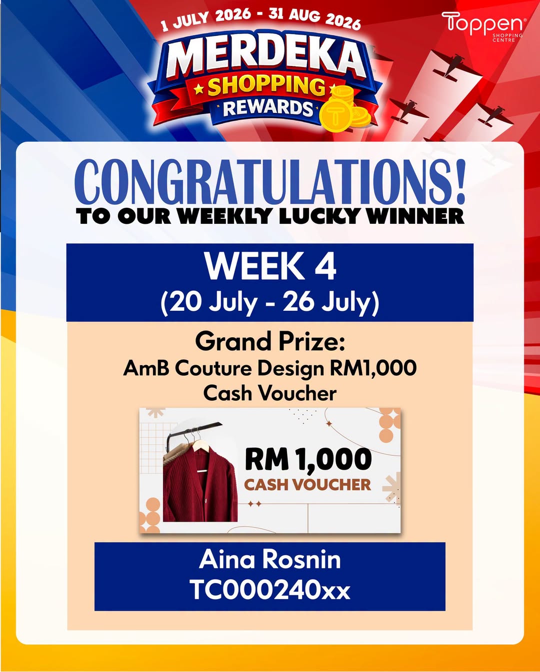 Toppen Merdeka Shopping Rewards Week 4 Winner Announced