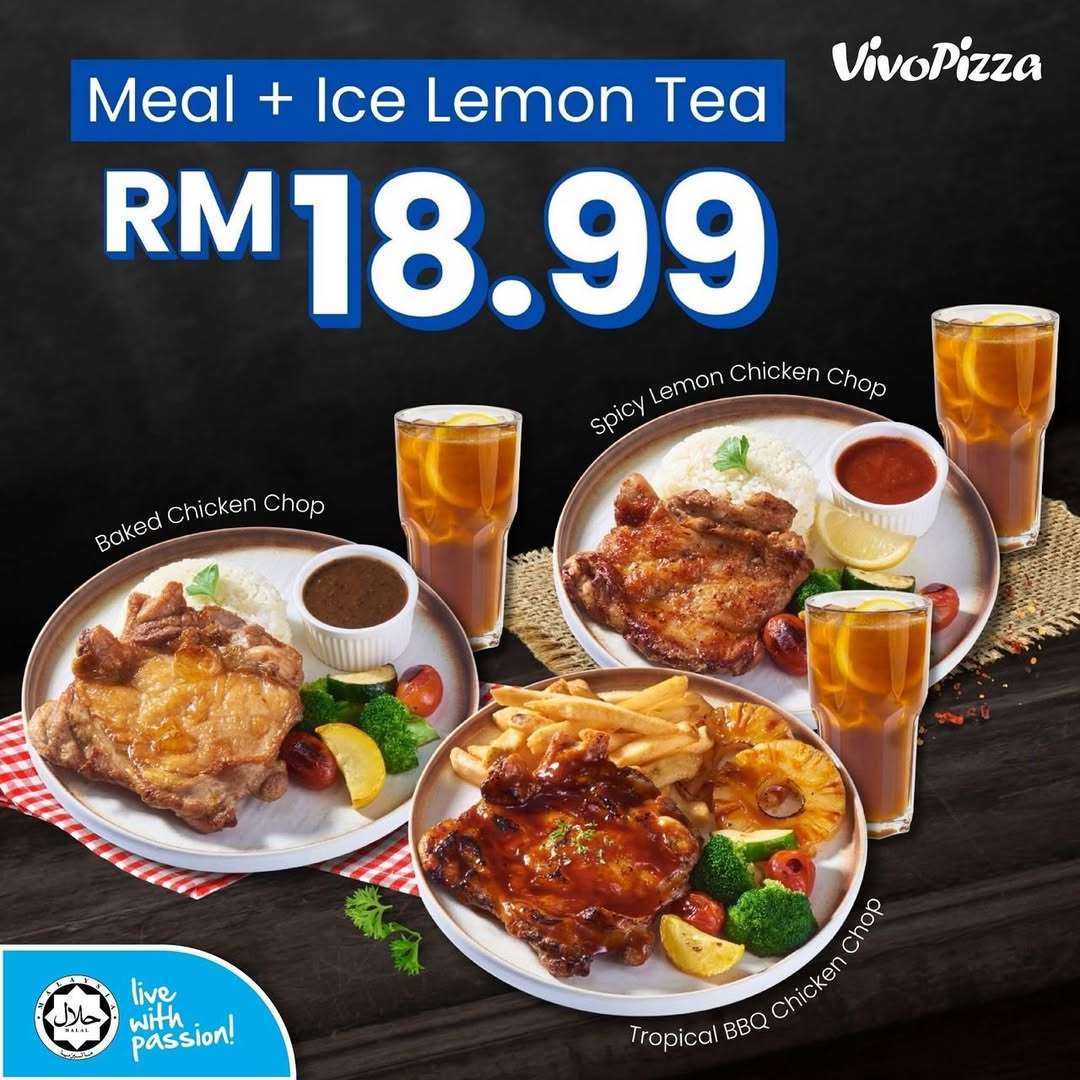 A delicious chicken chop meal served with a refreshing glass of ice lemon tea.