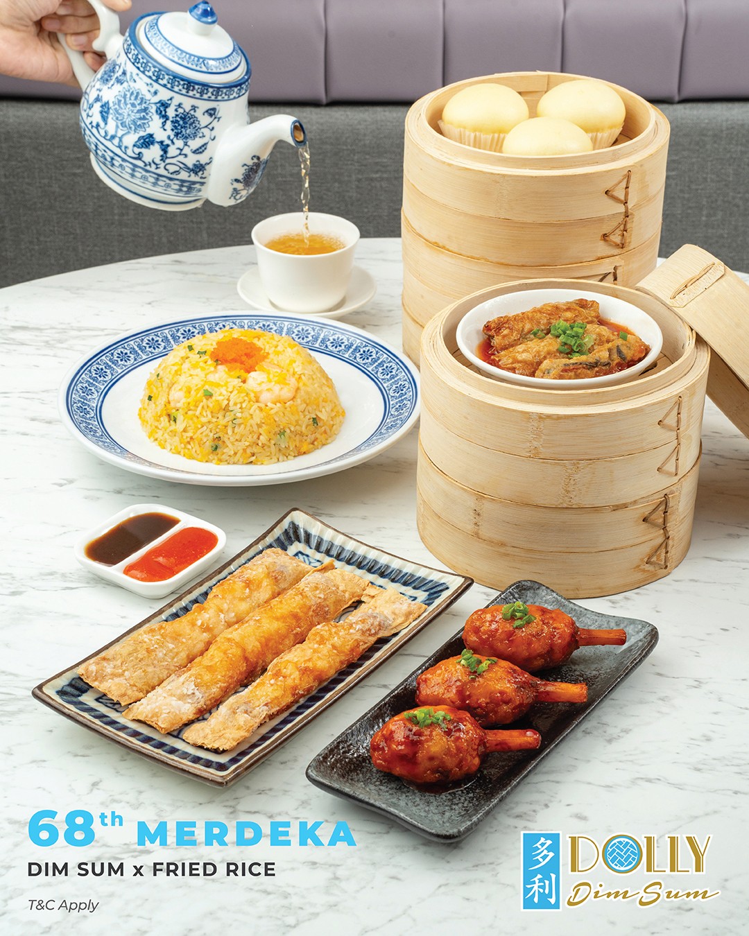 A delectable spread of Dolly Dimsum's Merdeka special combo, featuring Egg Custard Buns, Dolly Mozza Roll, and other Malaysian-inspired dishes.