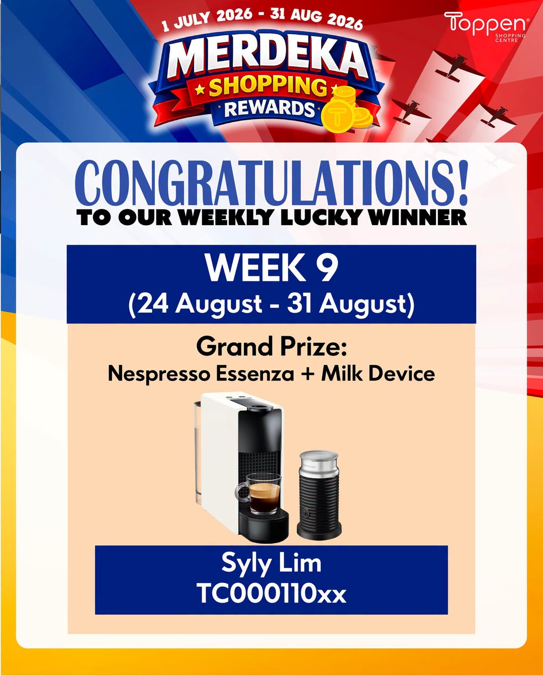 Syly Lim Wins Nespresso Essenza in Toppen Merdeka Shopping Rewards Finale
