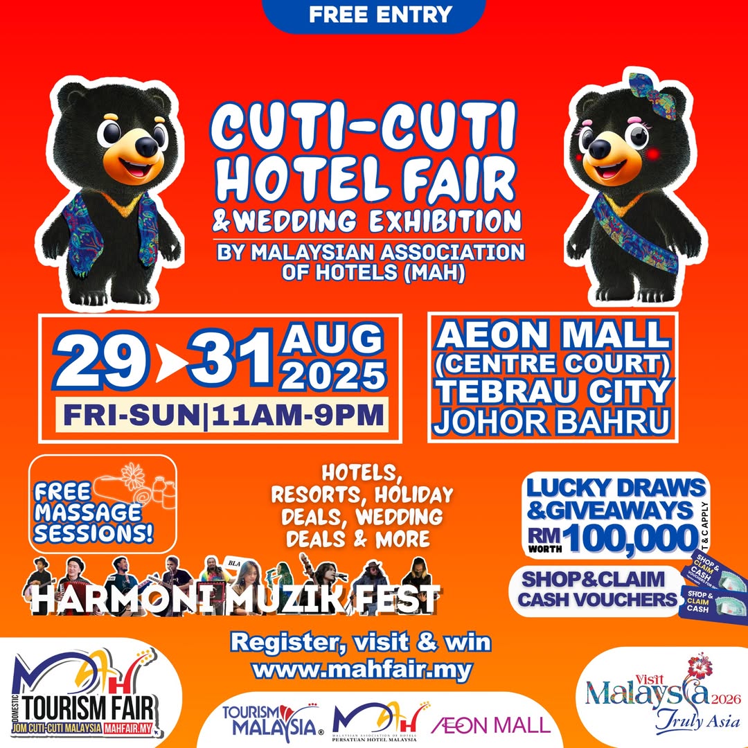 Vibrant graphic promoting the MAH Tourism Fair in Johor Bahru, featuring event details and attractions.