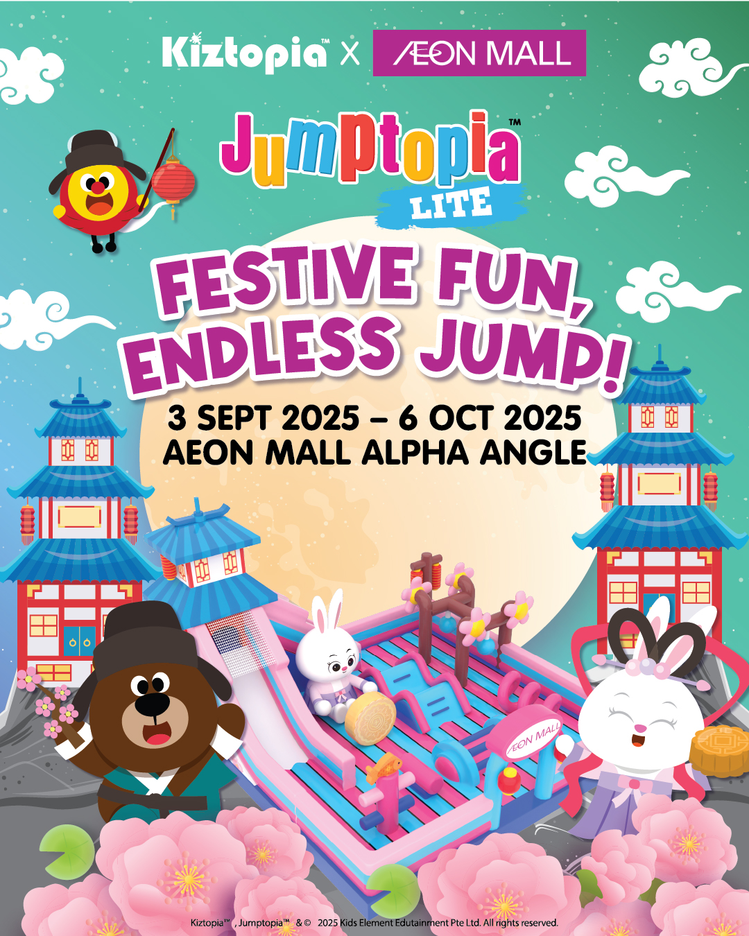 Vibrant inflatable play area with Mid-Autumn Festival decorations, inviting children to jump and play.
