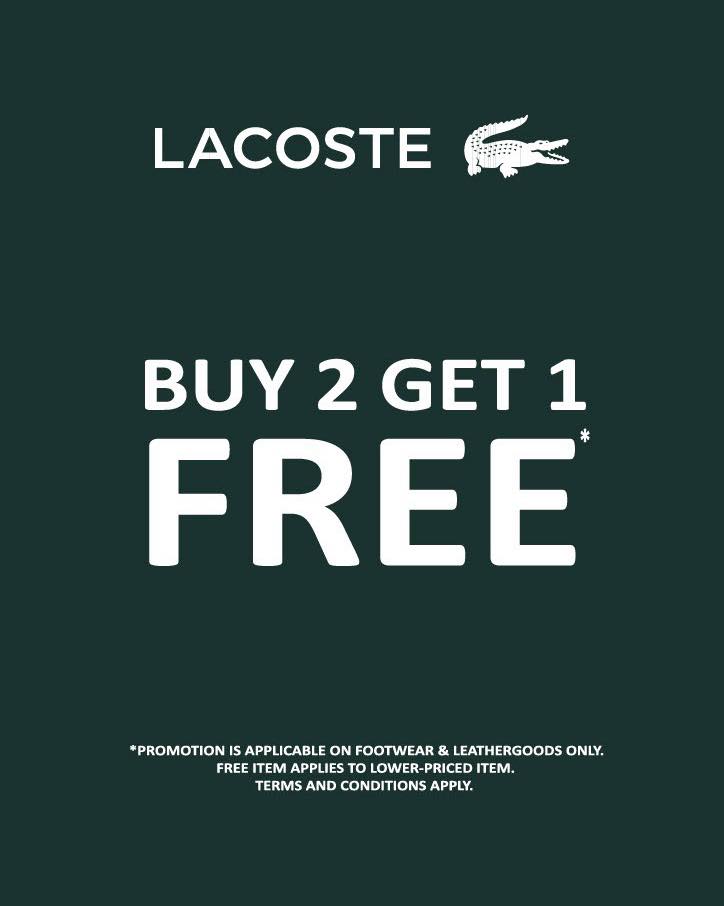 A promotional image showcasing a variety of Lacoste footwear and leather goods.