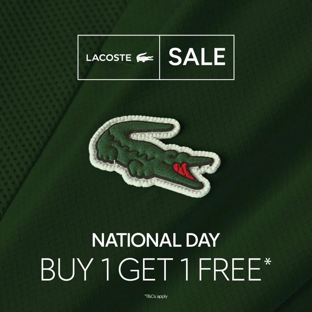 A promotional image featuring Lacoste products and the Merdeka celebration offer.